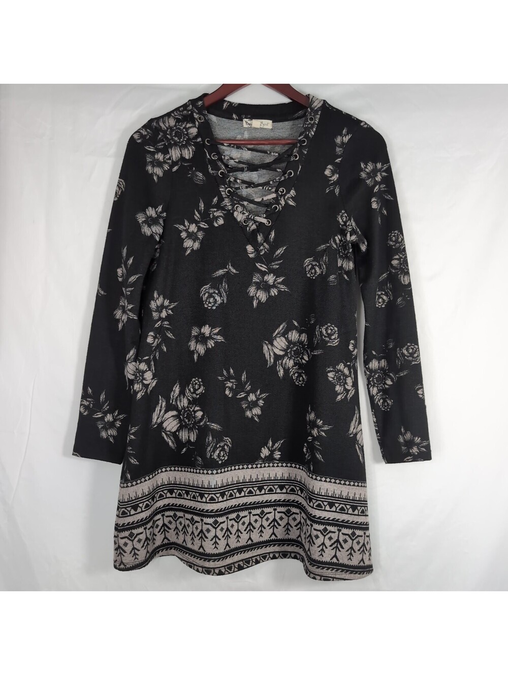 About A Girl Whimsigoth Floral Knit Dress Medium Lace Up Long Sleeve Fairy Grung